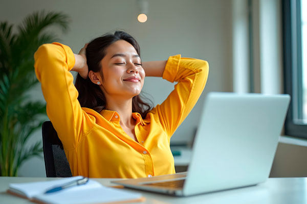 The girl is relaxed at work and smiling