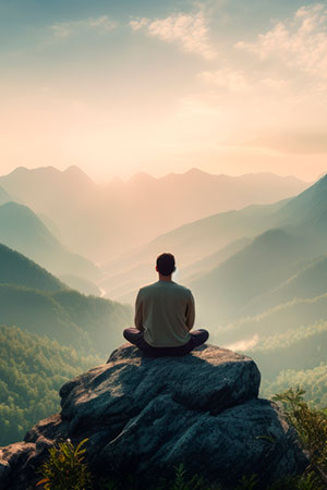 A man sits on a rock with his back and meditates
