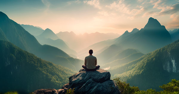 A man sits on a rock with his back and meditates